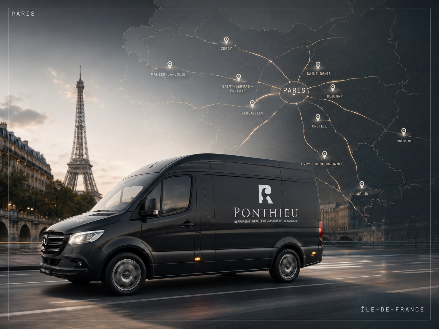 Camionnette Ponthieu à Paris — Tour Eiffel et carte de l’Île-de-France